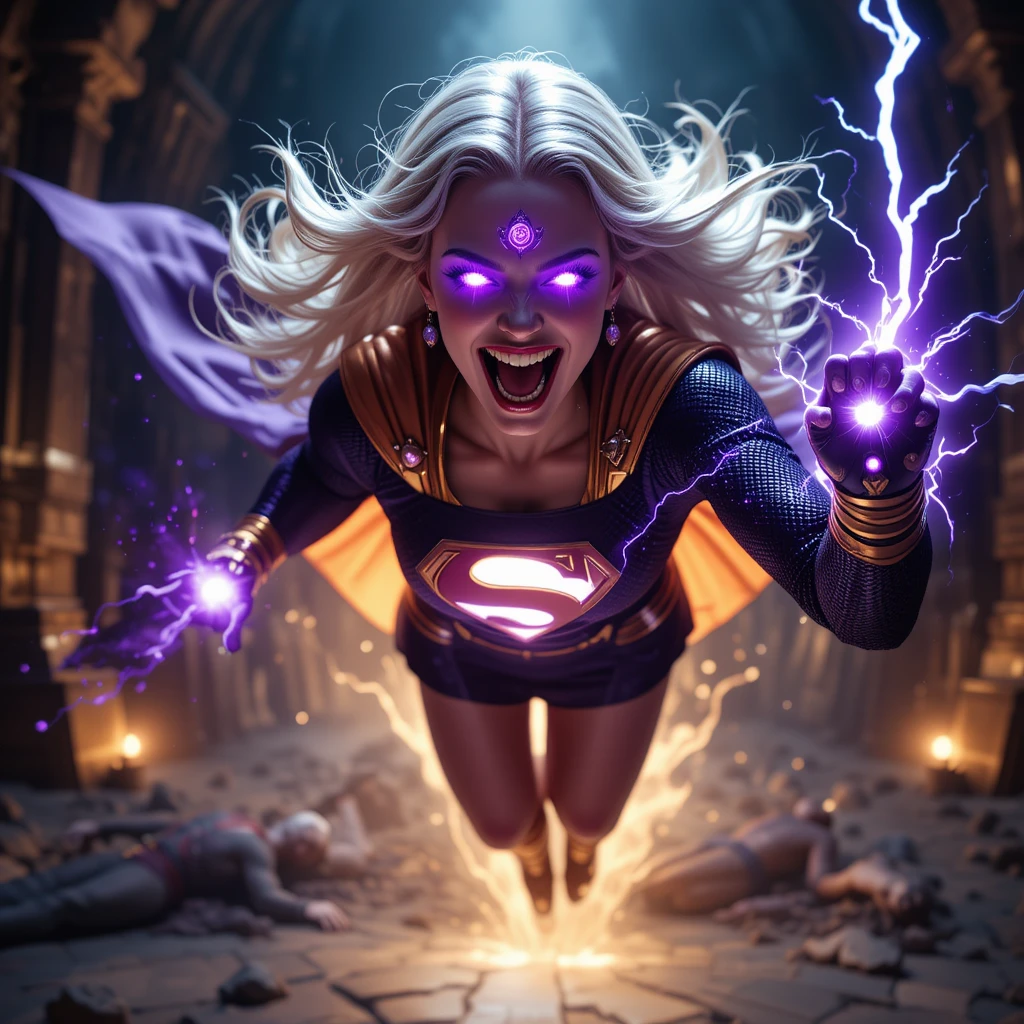 Mulher superpoderosa com manopla lançando ritual de energia roxa