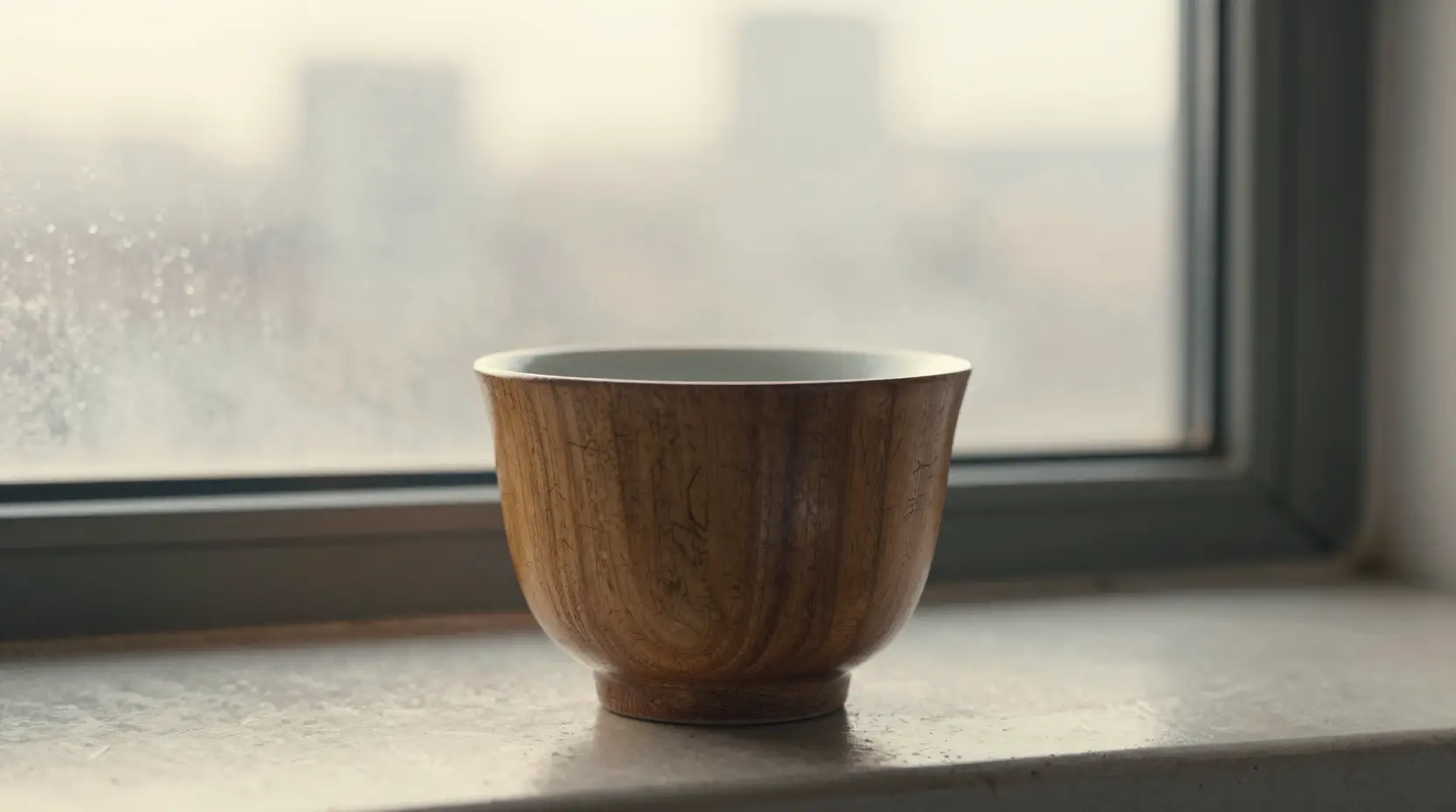 Abgenutzte Holzteetasse auf einer Fensterbank im sanften Morgenlicht