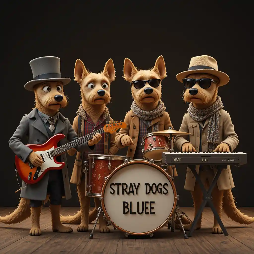 Anthropomorphic dog blues band in cinematic 3D illustration
