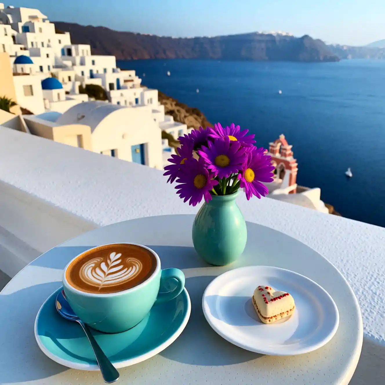 Café da manhã em um terraço de ilha grega à beira-mar