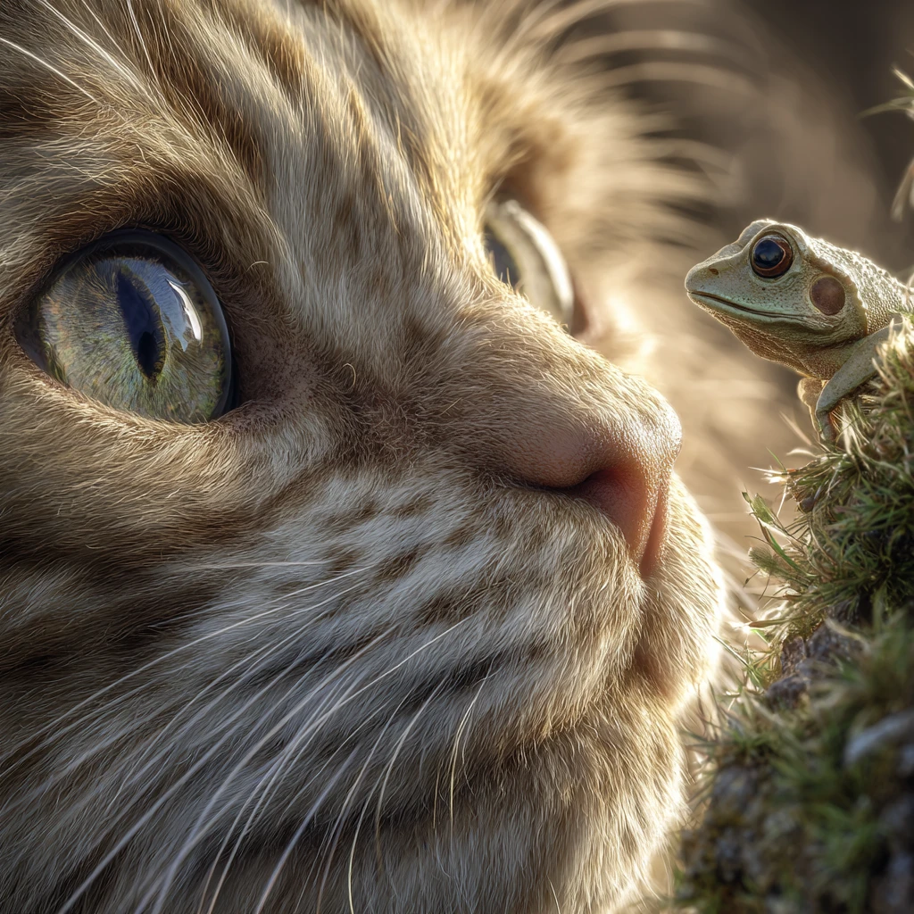 Gato majestoso em close dominando um minúsculo sapo‑da‑árvore