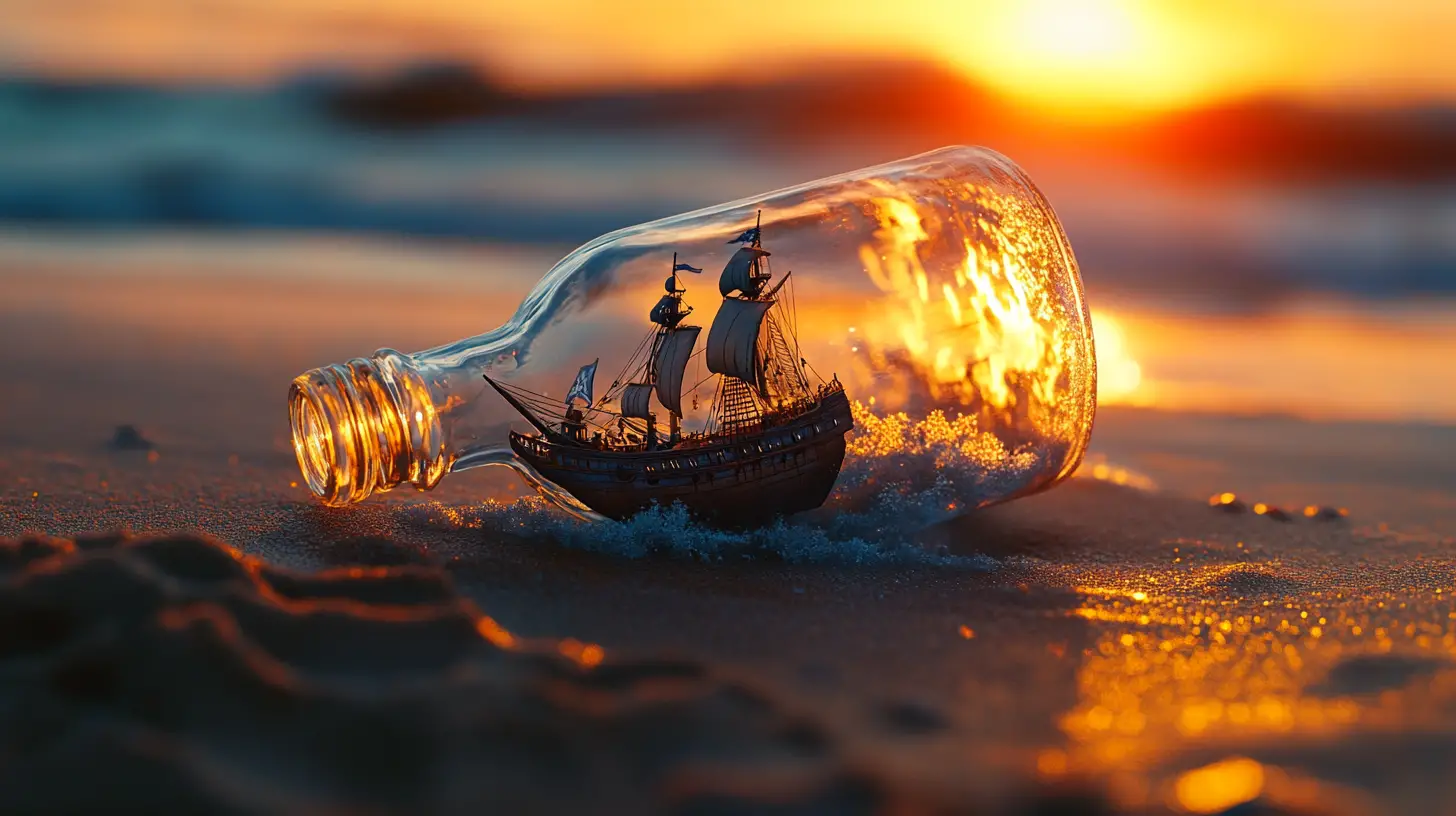日落海灘上的玻璃瓶海盜船
