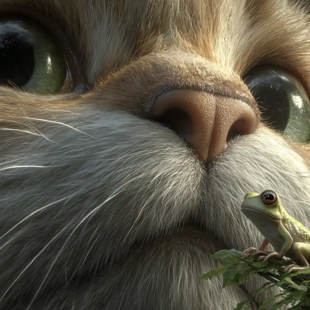 Majestätische Katze ragt im Close-up über winzigen Frosch