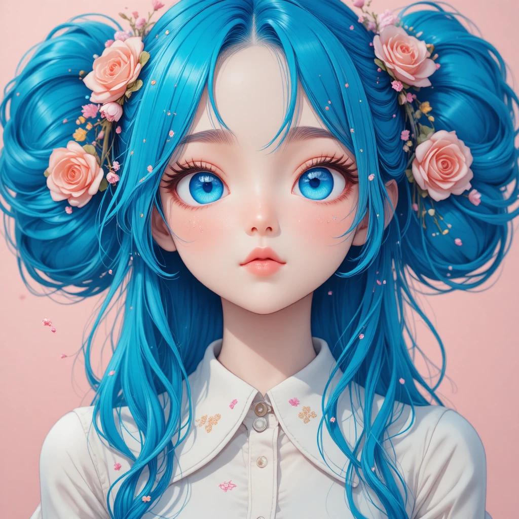 Ragazza anime dai capelli blu con chignon floreali su rosa pastello