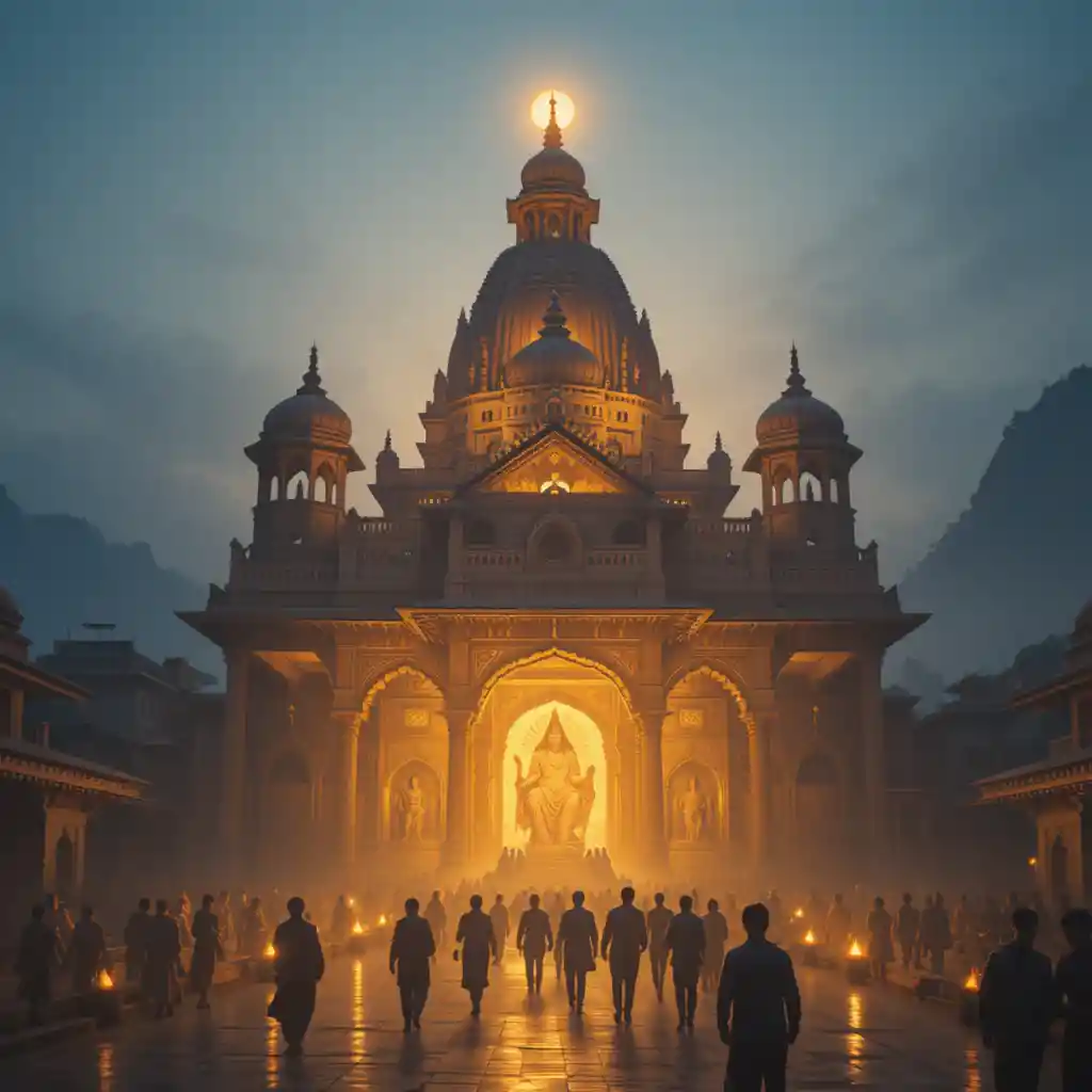 Hof eines Hindu-Tempels bei Sonnenuntergang mit leuchtenden Diyas