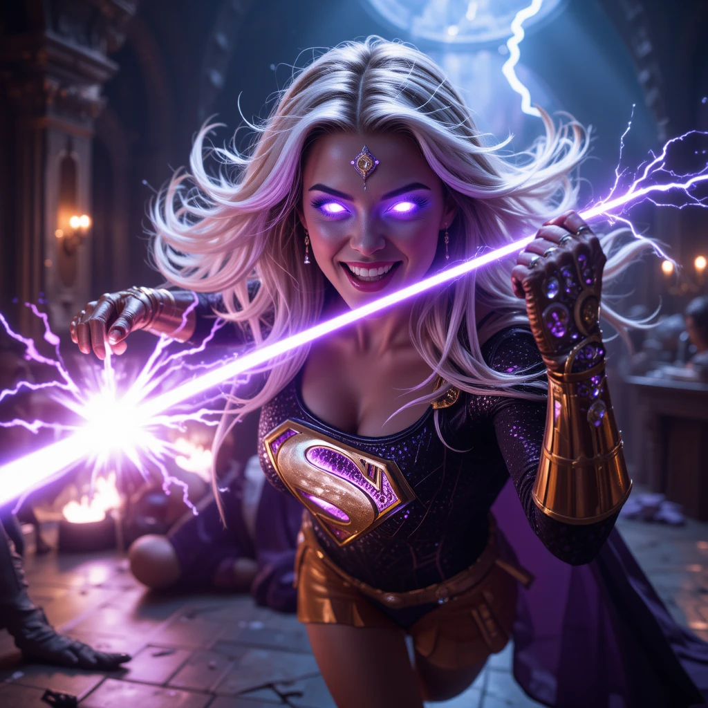 Mulher sombria superpoderosa com manopla cósmica