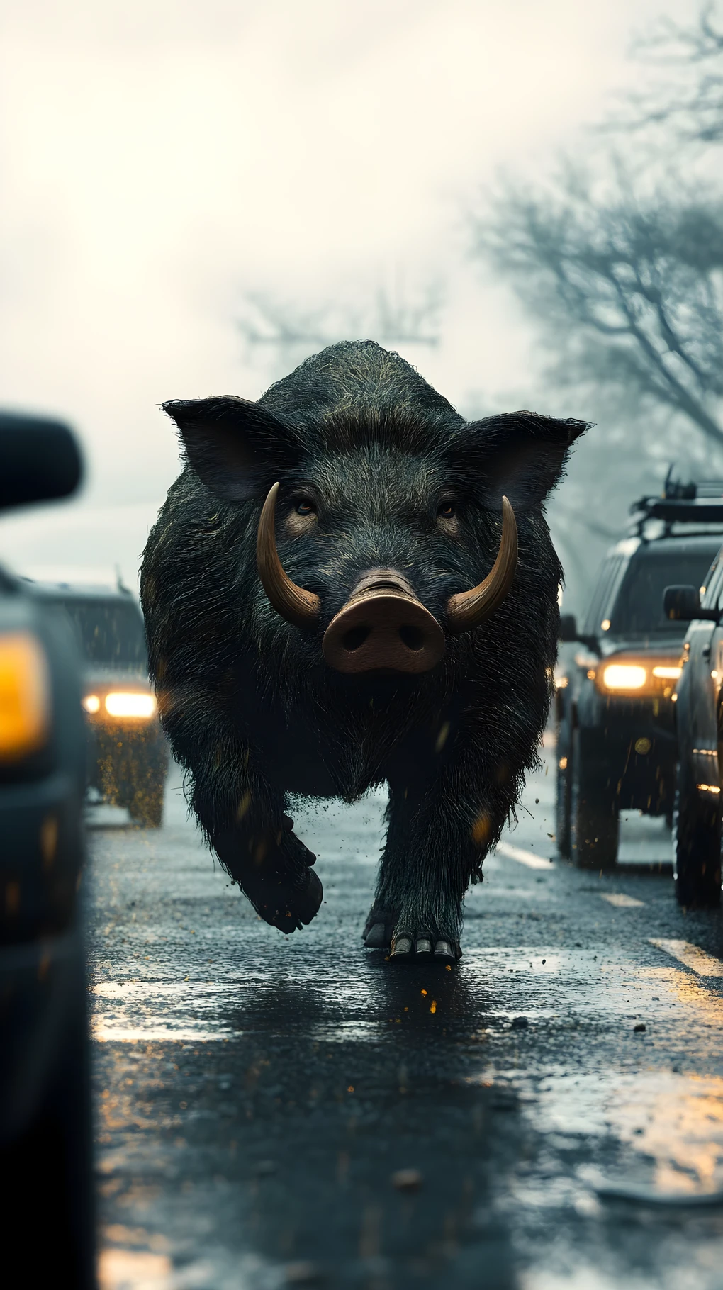 Armored boars crashing into SUVs on a rainy city street
