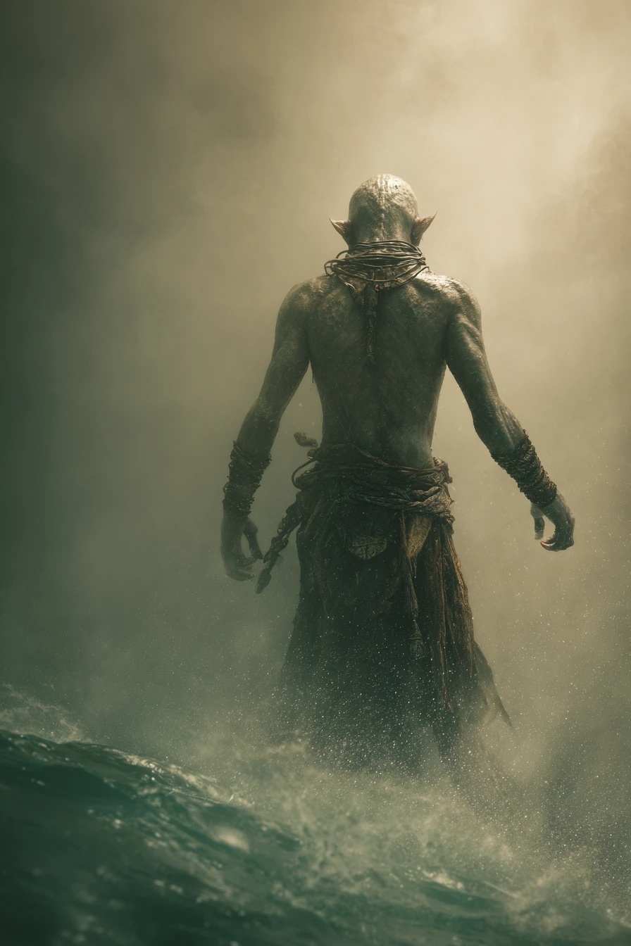 Triton warrior sneaking along a shadowy fantasy shoreline