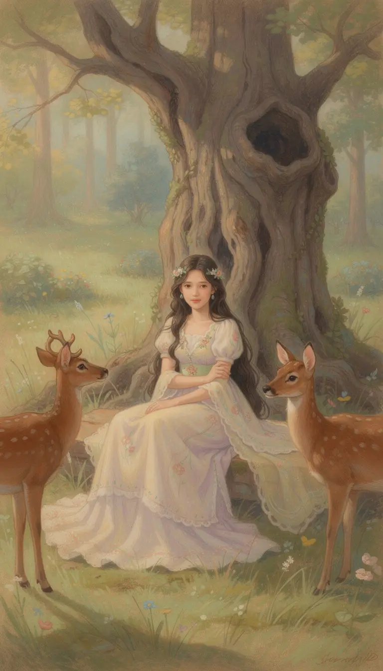 Junge Frau ruht sich mit Rehen auf einer Waldlichtung aus