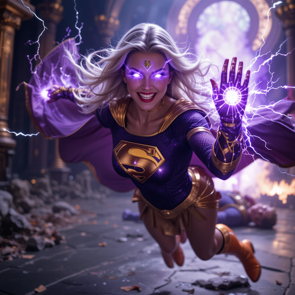 Poderosa supermulher com olhos roxos brilhantes e manopla