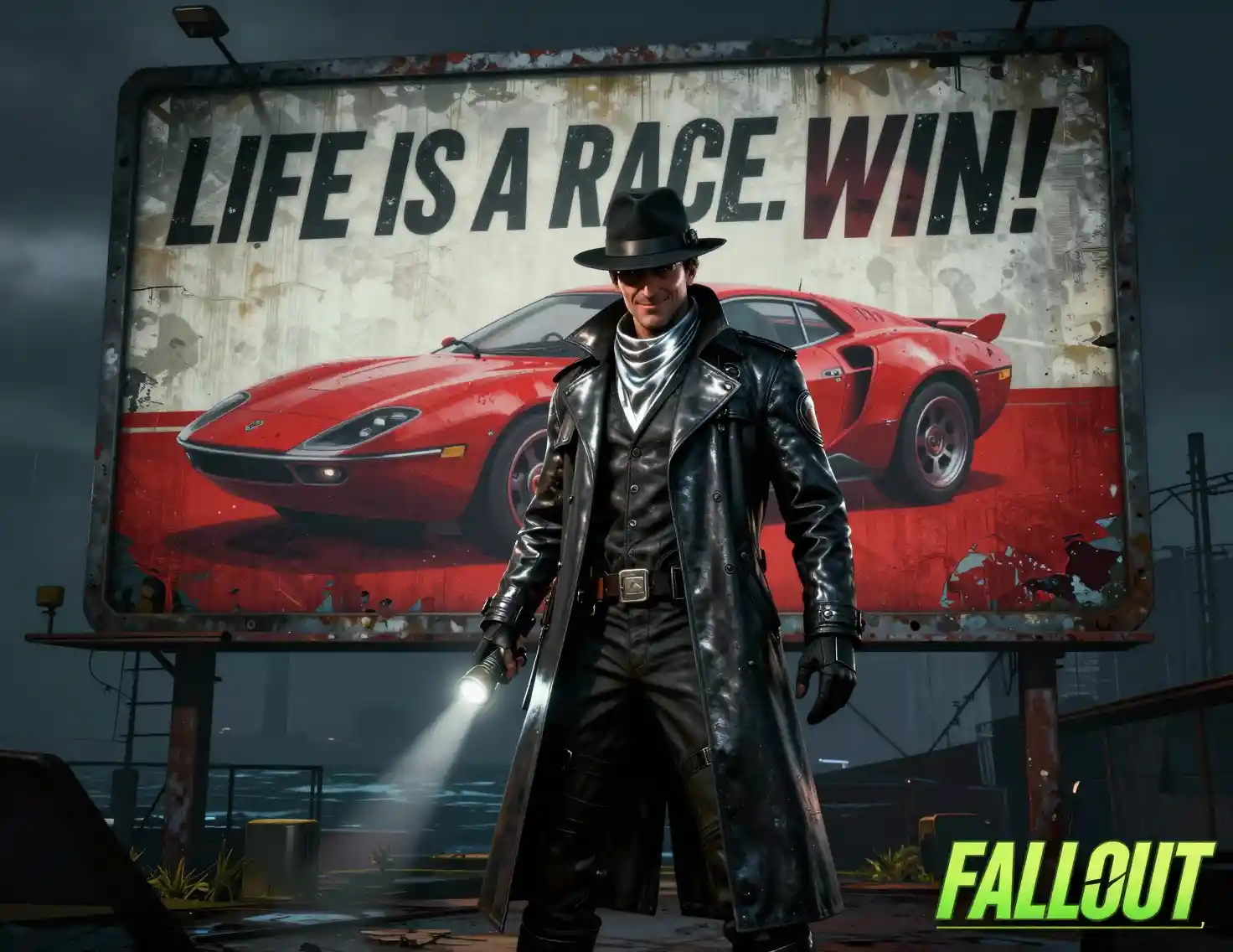 Sci fi detective beside a cherry red car billboard