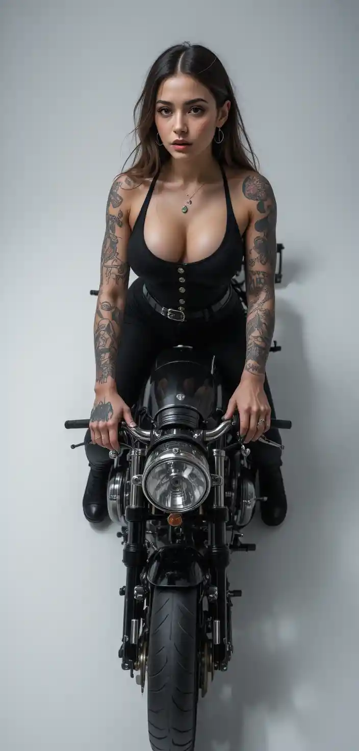 Vista aerea di donna tatuata alla guida di una Harley