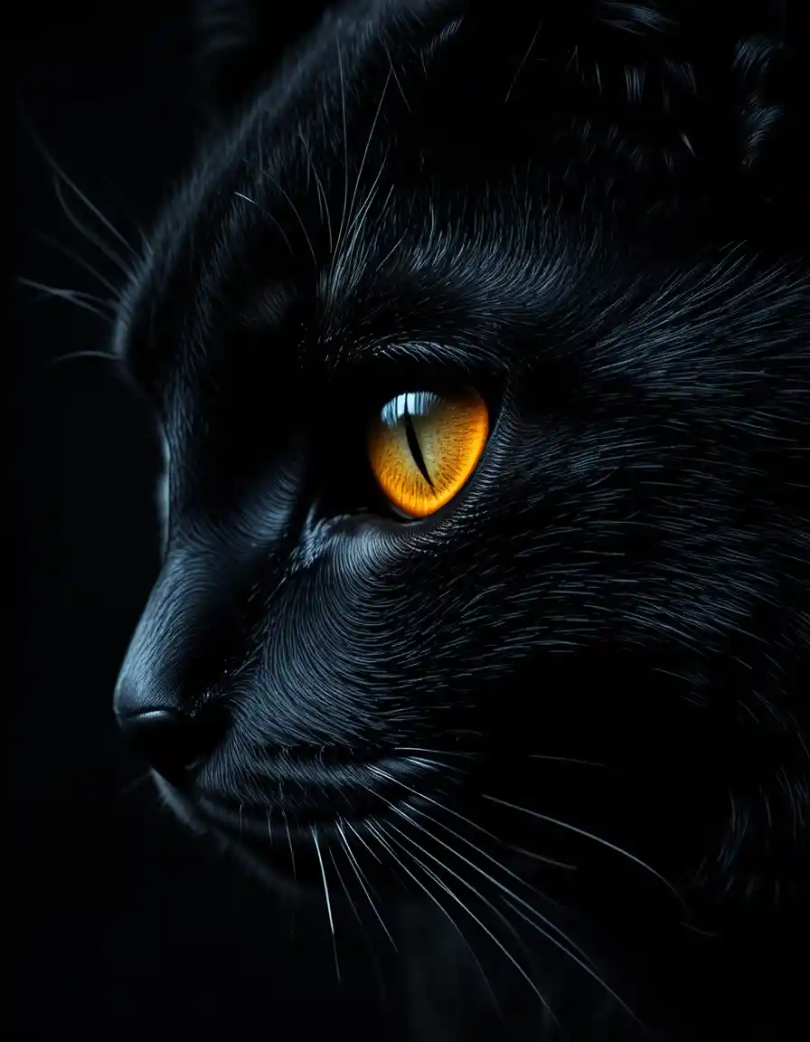 Close up of black cat face with intense orange eye