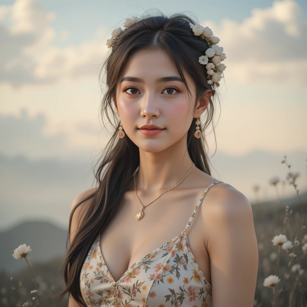 Jovem asiática de vestido floral sob um céu suave e onírico