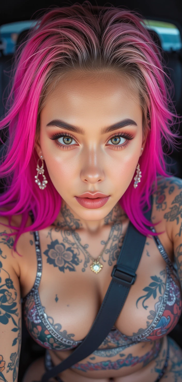 Femme tatouée conduisant une voiture de luxe sous un éclairage de studio
