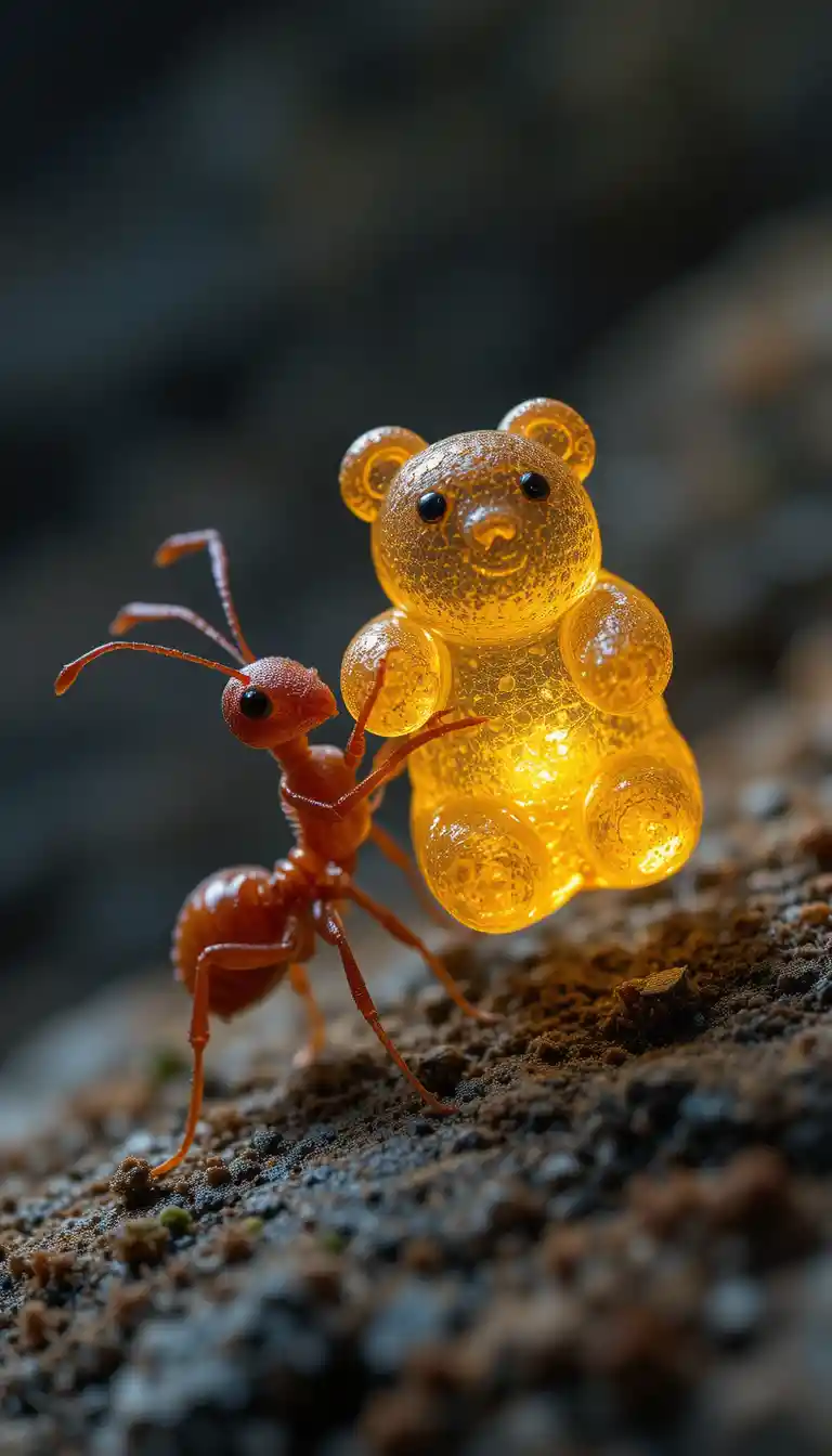 Tiny red ant carrying a glowing gummy bear in macro view
