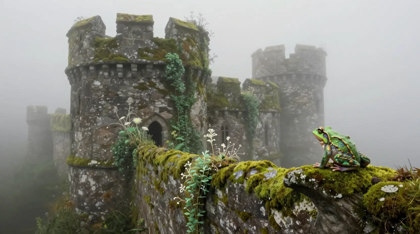 Alte Burg im Nebel mit leuchtender Fantasieflora