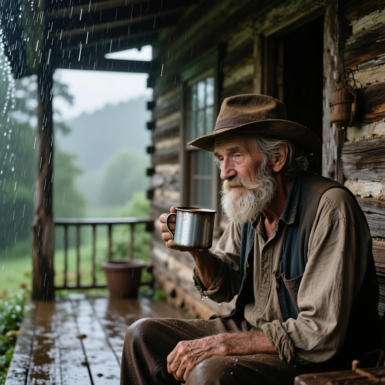 Velho caipira tomando café na varanda de uma cabana em dia chuvoso