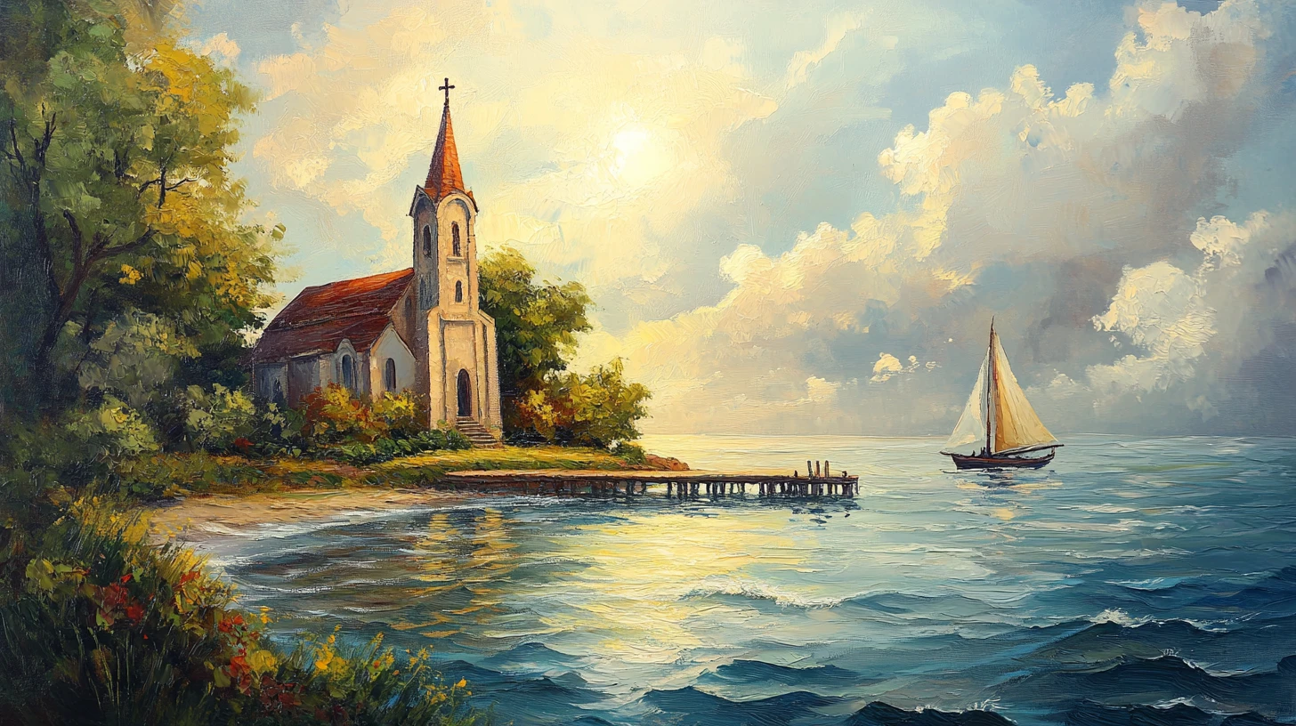 Antica chiesa costiera accanto alle calme acque dell’oceano