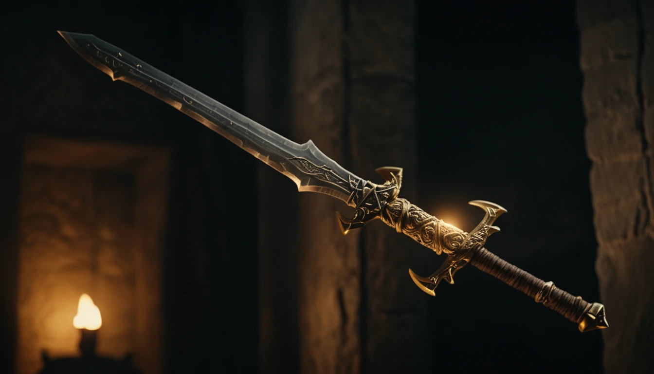 Antiga espada de duas mãos brilhando na luz quente de tochas