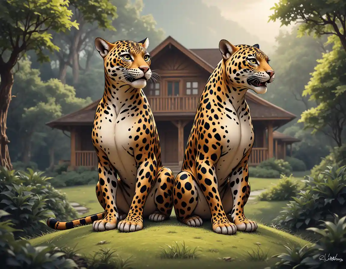 Two jaguars standing on green grass near a rustic house