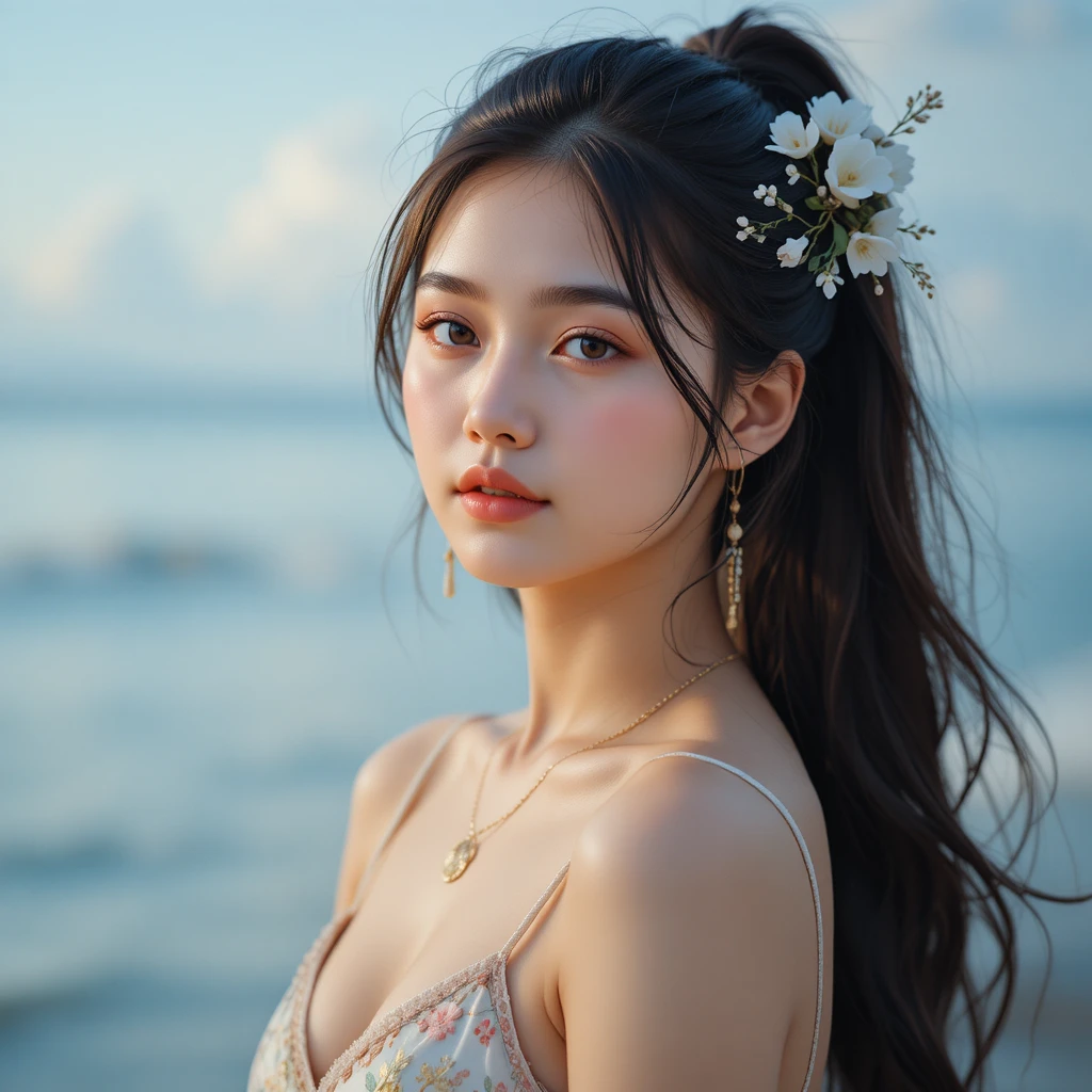 花柄ワンピースを着て穏やかな眼差しを向ける若いアジア人女性