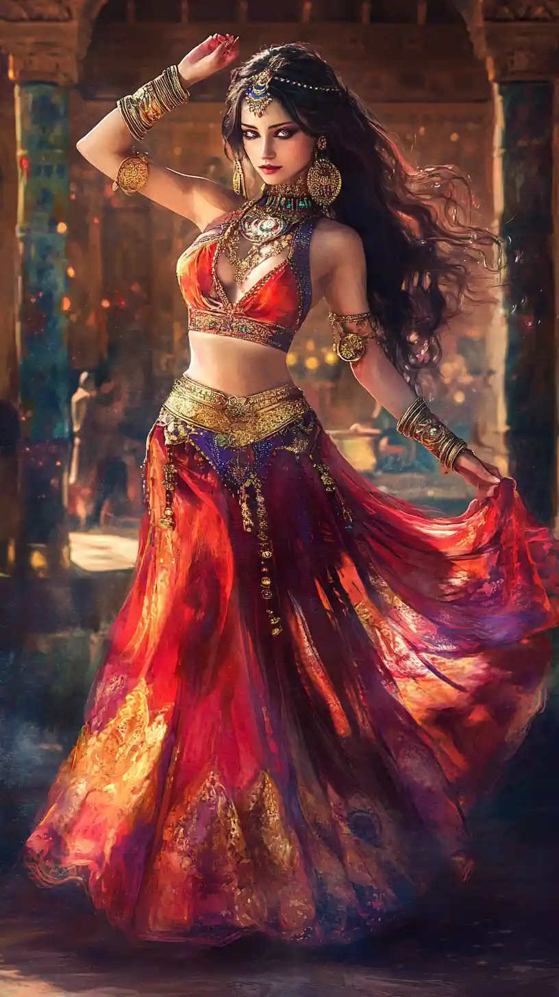 Oriental belly dancer before a moonlit fantasy palace