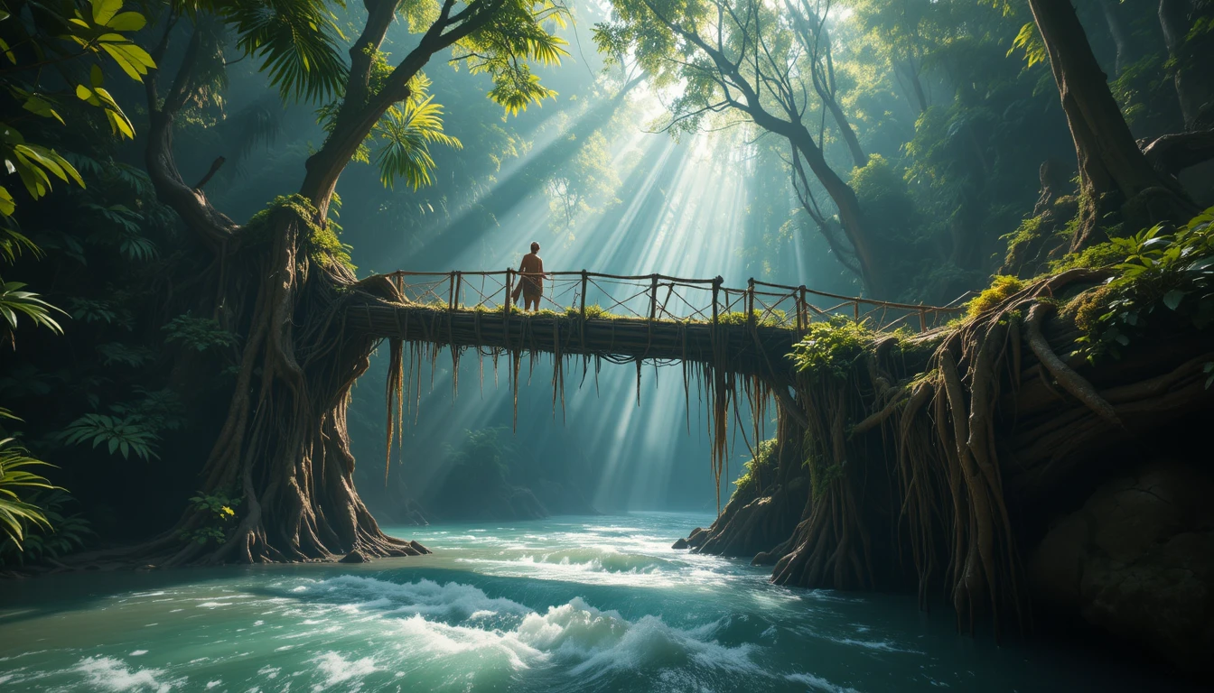 Vista em ângulo baixo de uma ponte de raízes vivas na luz da selva