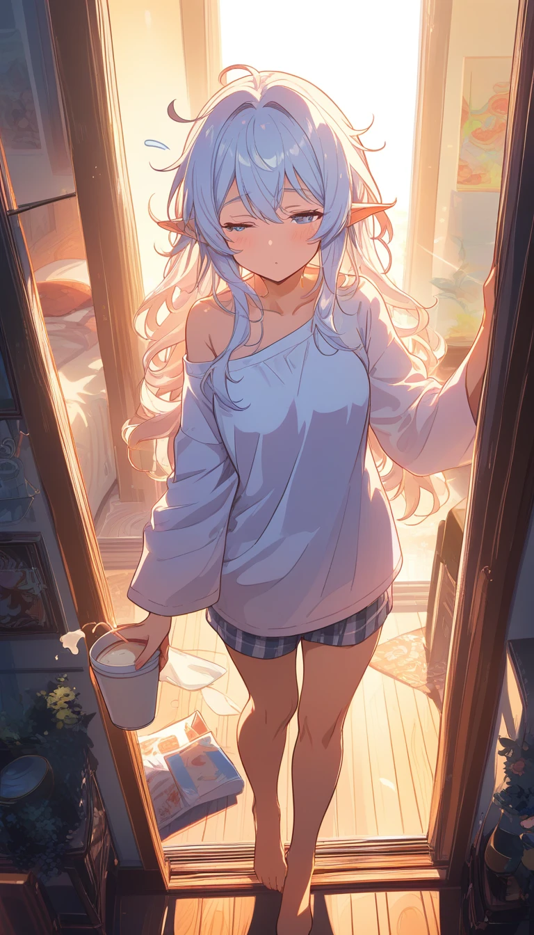 眠そうなアニメ少女が居心地のいい廊下でミルクを注ぐ