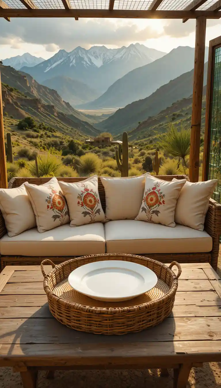 Wooden patio table at golden sunset in quiet garden