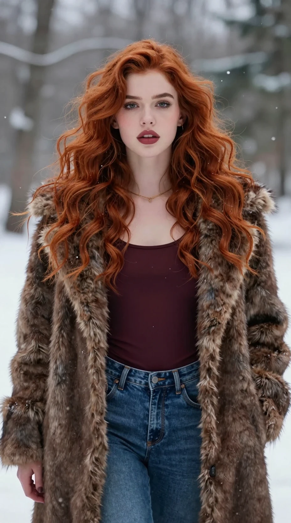 Jeune sorcière dans un paysage hivernal avec manteau en fausse fourrure