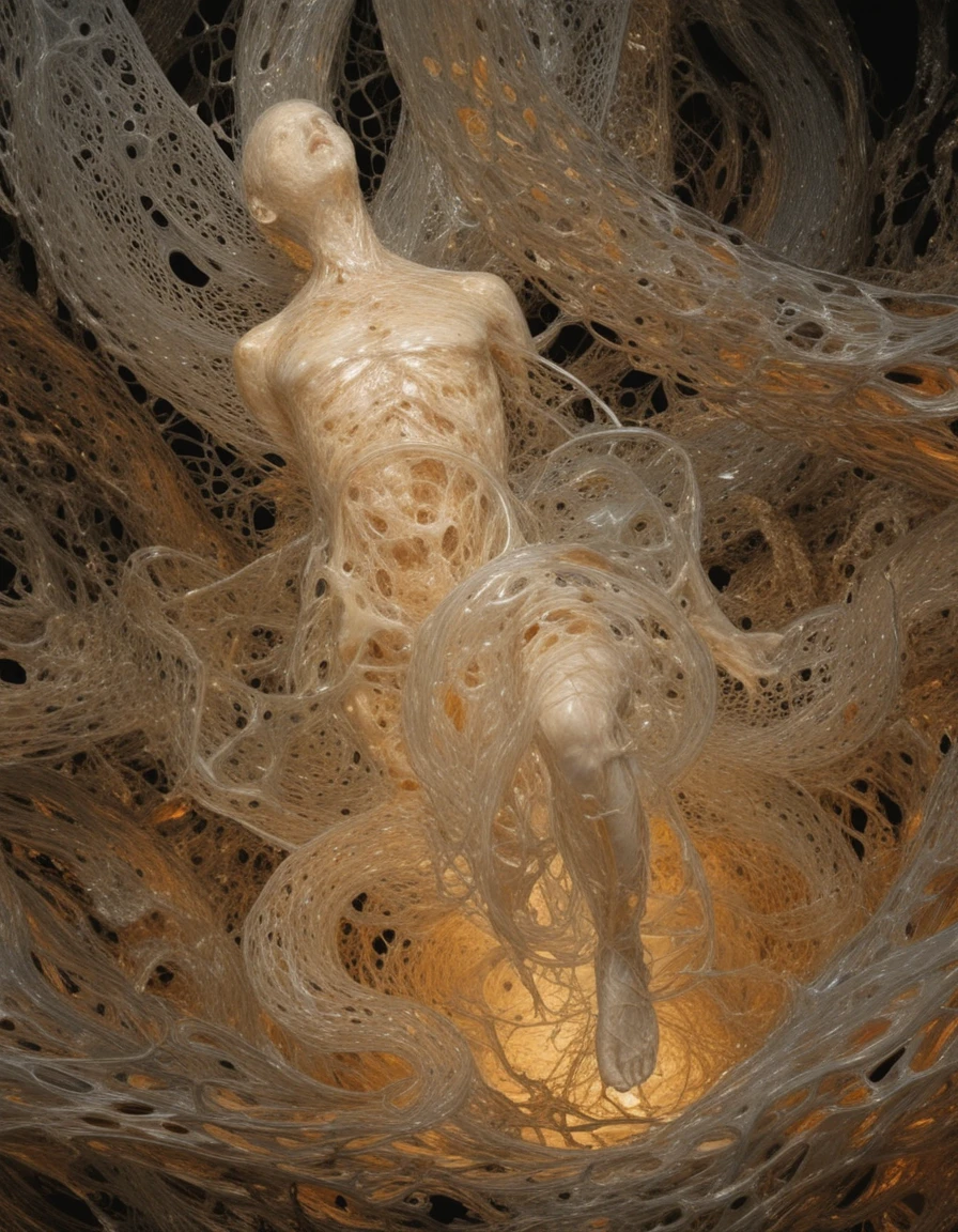 Man entangled in glowing organic tendrils in the dark