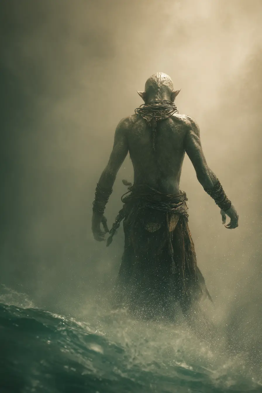 Triton-Krieger schleicht an einer schattigen Fantasy-Küste entlang