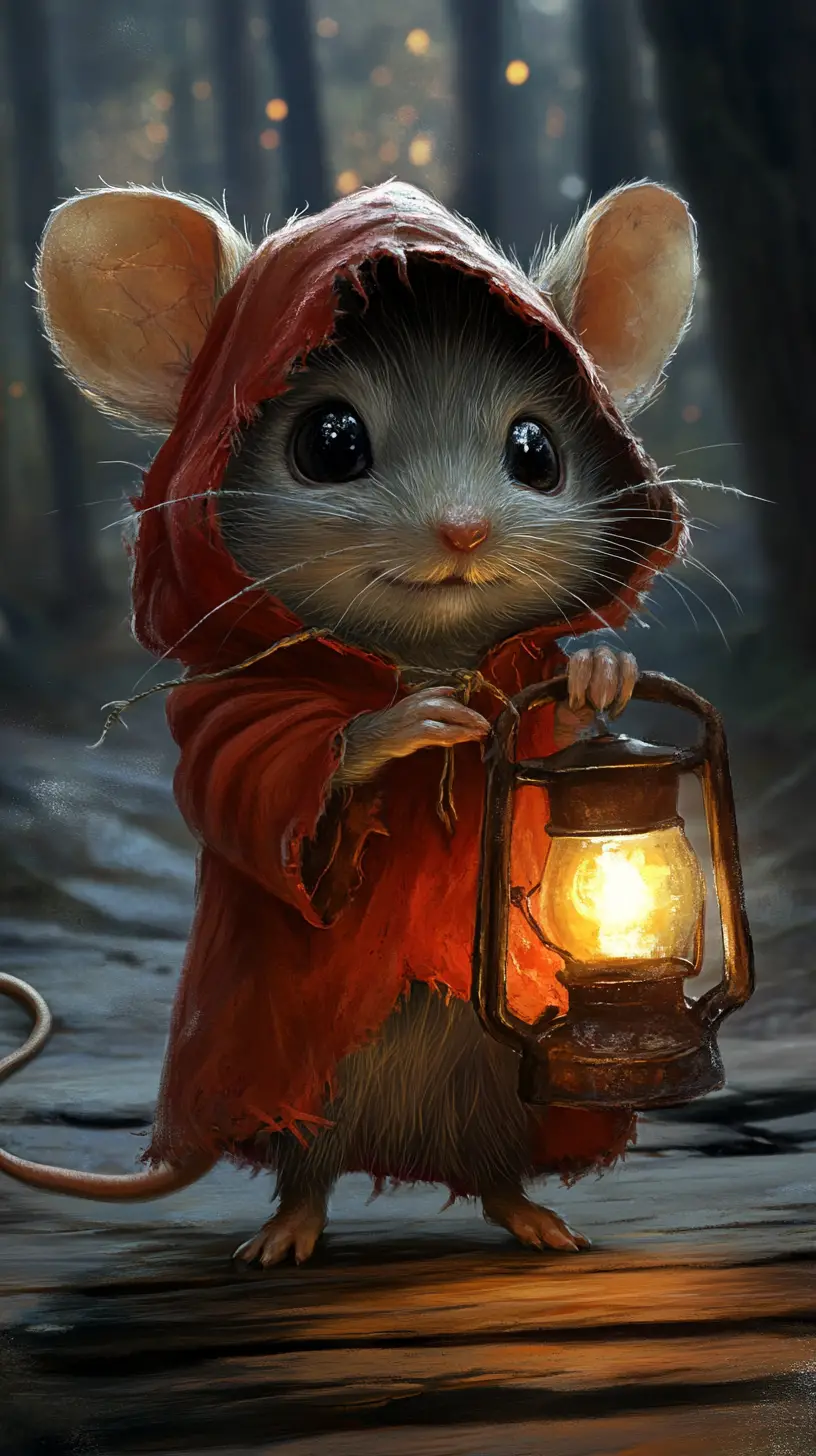 Kleine Maus mit roter Kapuze hält eine leuchtende Laterne