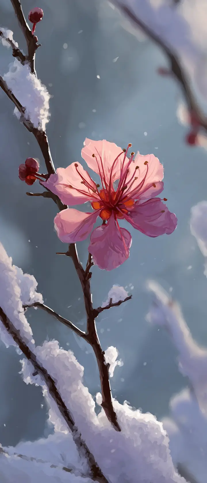 Pétale de Fleur de Cerisier Solitaire sur Branche Enneigée à l’Aube