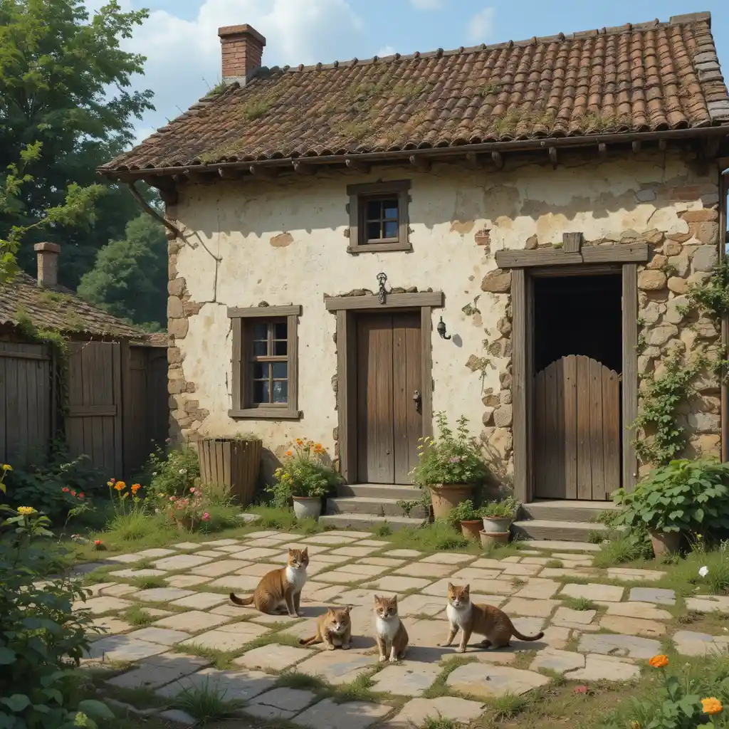 Patio de una antigua casa de pueblo con una gata y sus gatitos