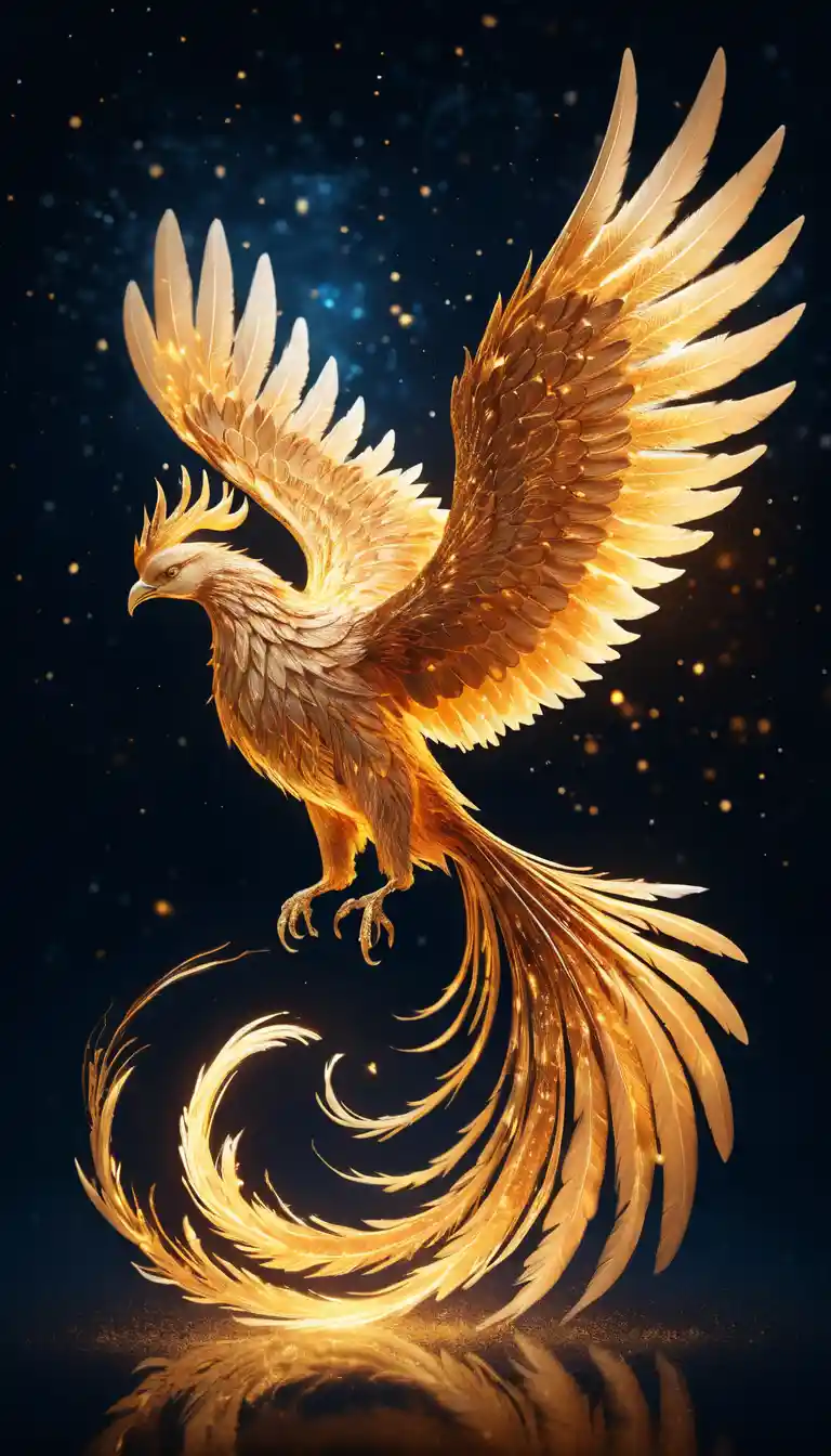 Majestuosa fénix dorada de luz en un cielo nocturno de invierno