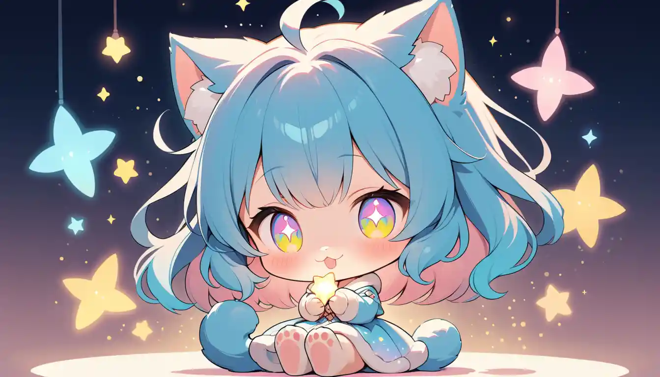 Chibi anime cat girl casting soft sparkling magic