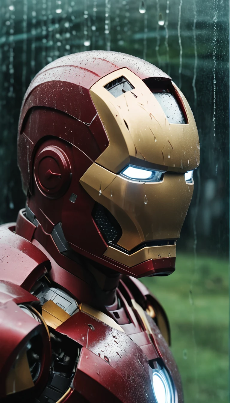 Vue en POV d’un casque endommagé reflété sur une vitre sous la pluie