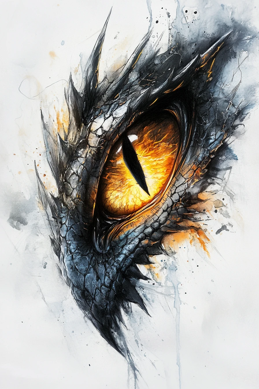 Mystical dragon eye glowing in yellow and blue ink