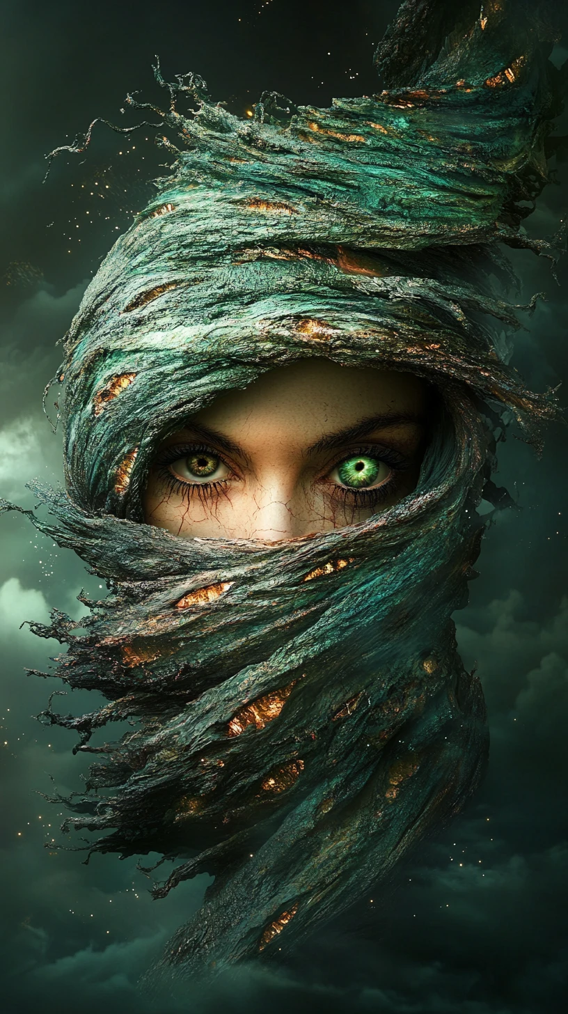 Tornado surreal com olhos penetrantes em um reino místico