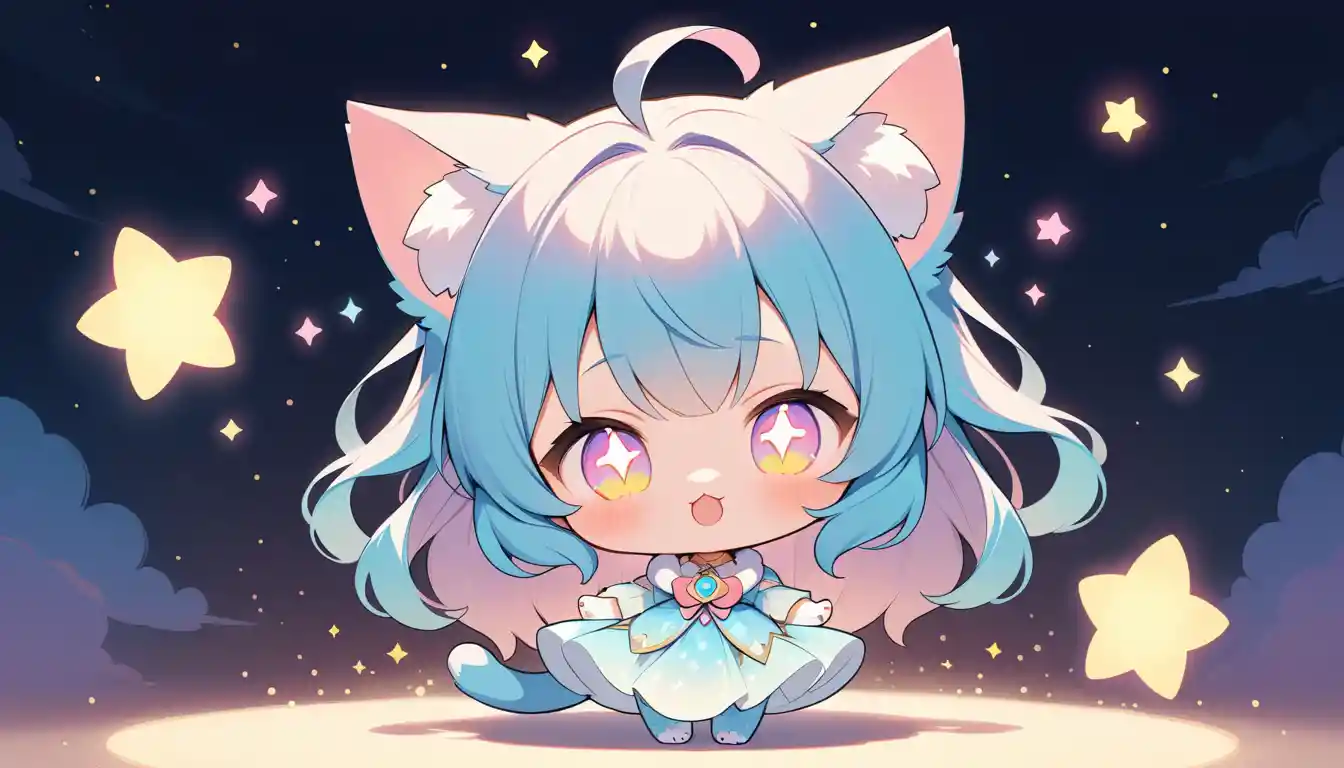 かわいいちびキャラ3Dアニメの猫娘がきらめく魔法を放つ