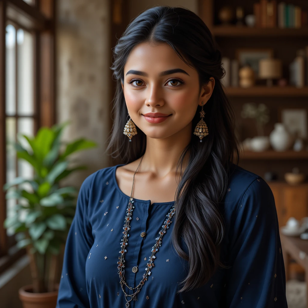 Indian virtual influencer woman with warm confident smile