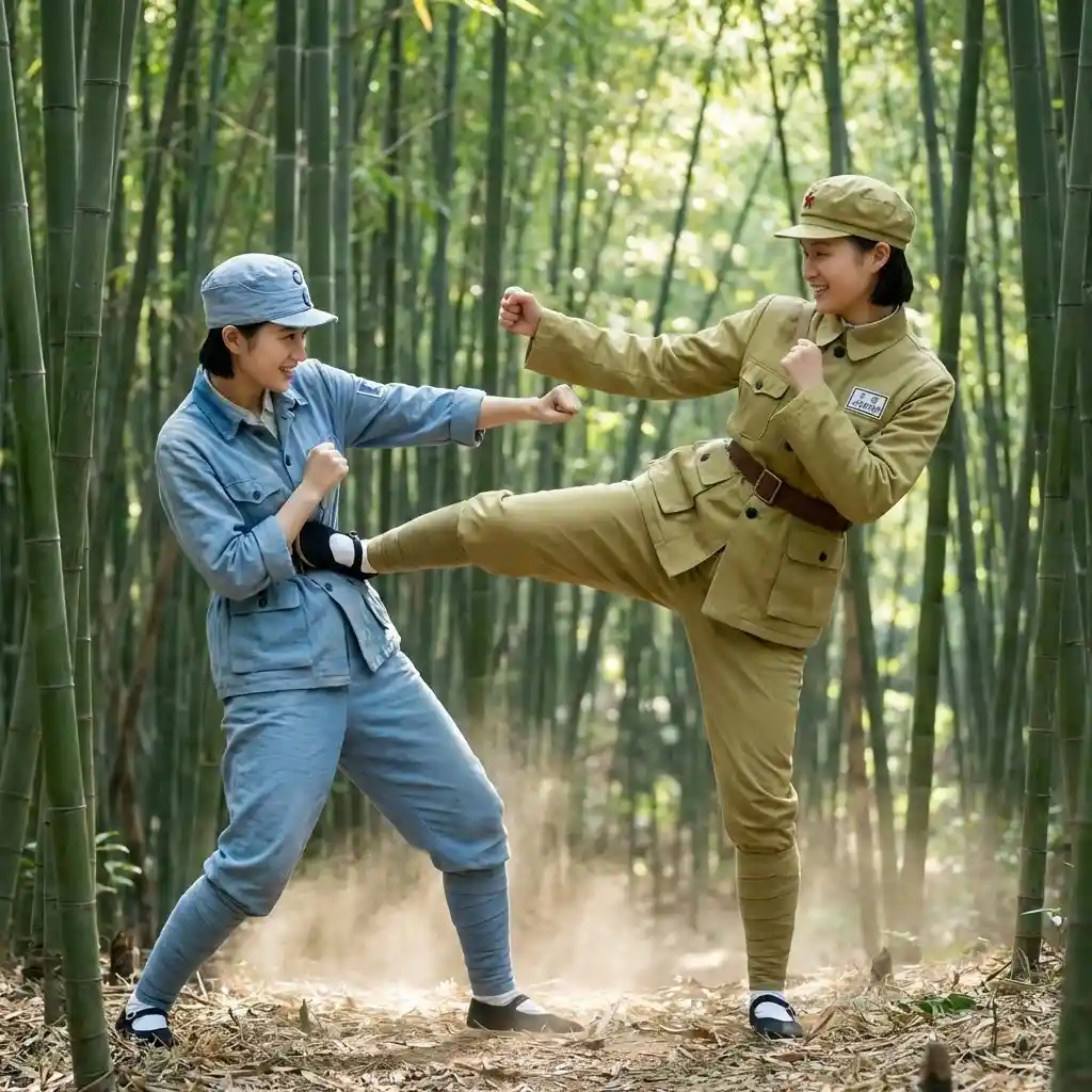대나무 숲에서 군복을 입고 스파링하는 중국 자매