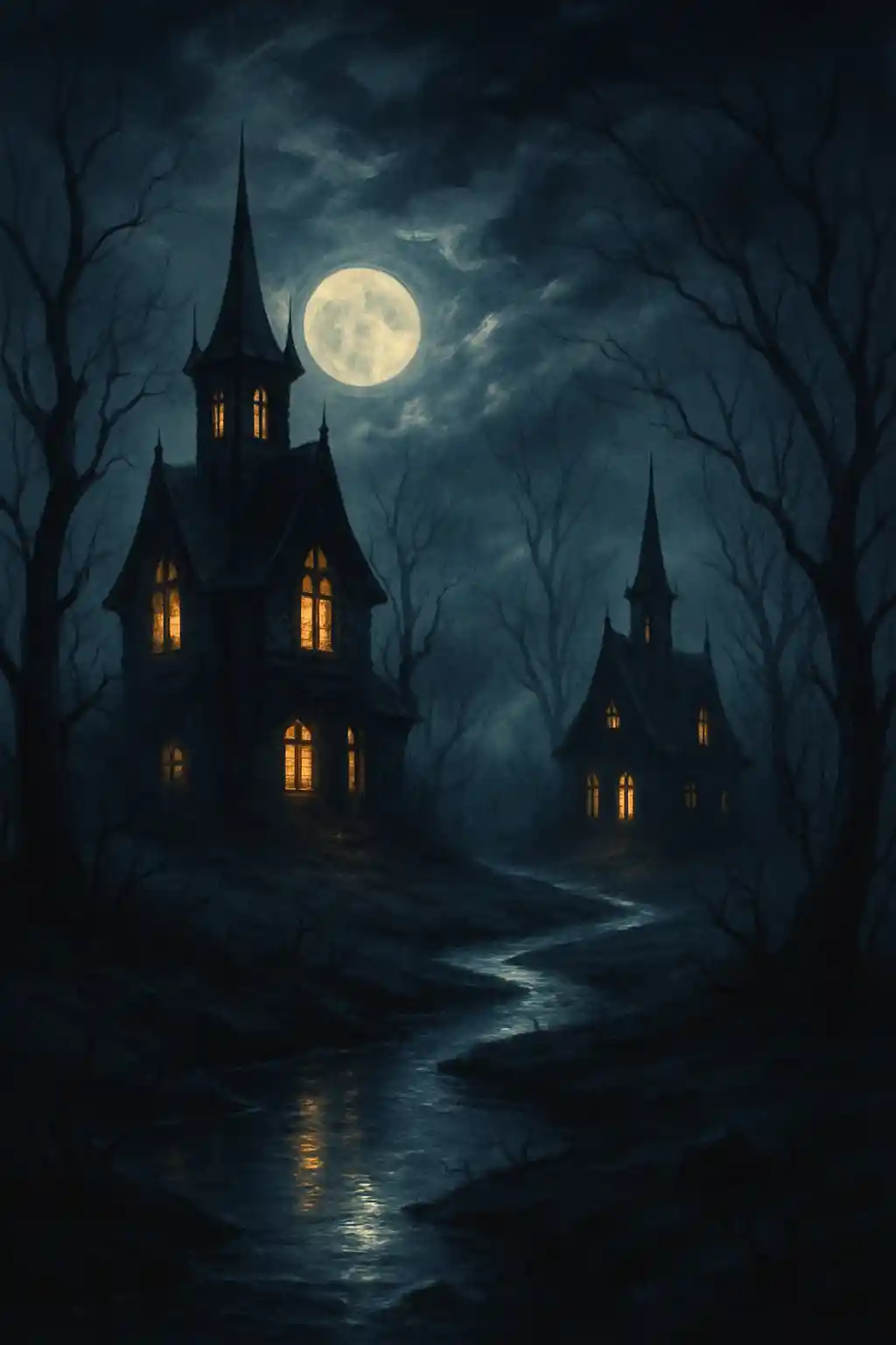 Gothic houses in a moonlit haunted forest stream
