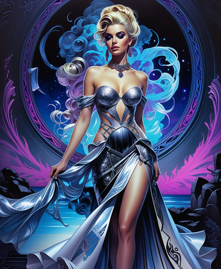 Elegante blonde Frau in blauem Verlaufs-Abendkleid in Galerie