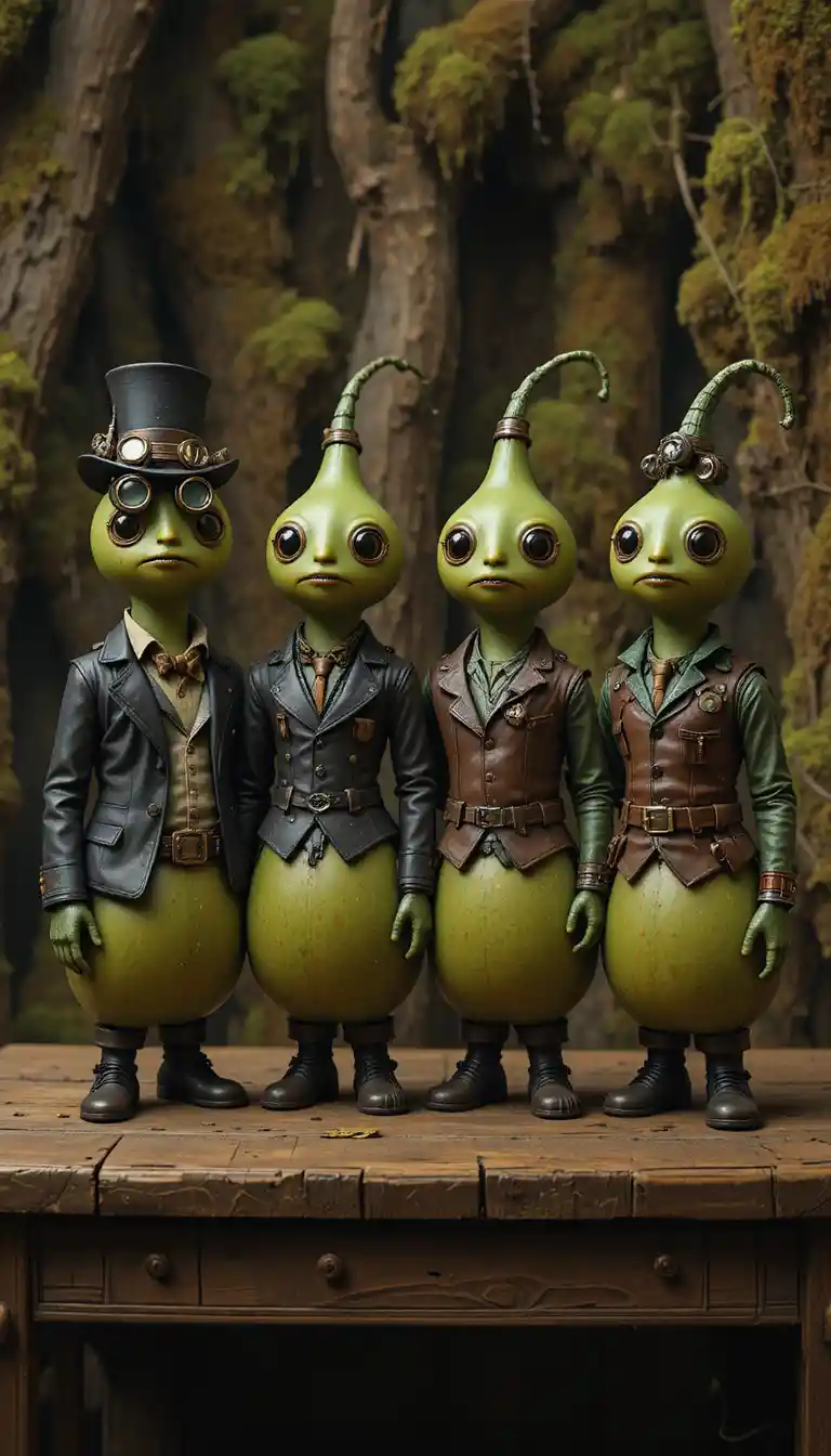 Steampunk-Grüne Kürbisse auf einem Holztisch aufgereiht