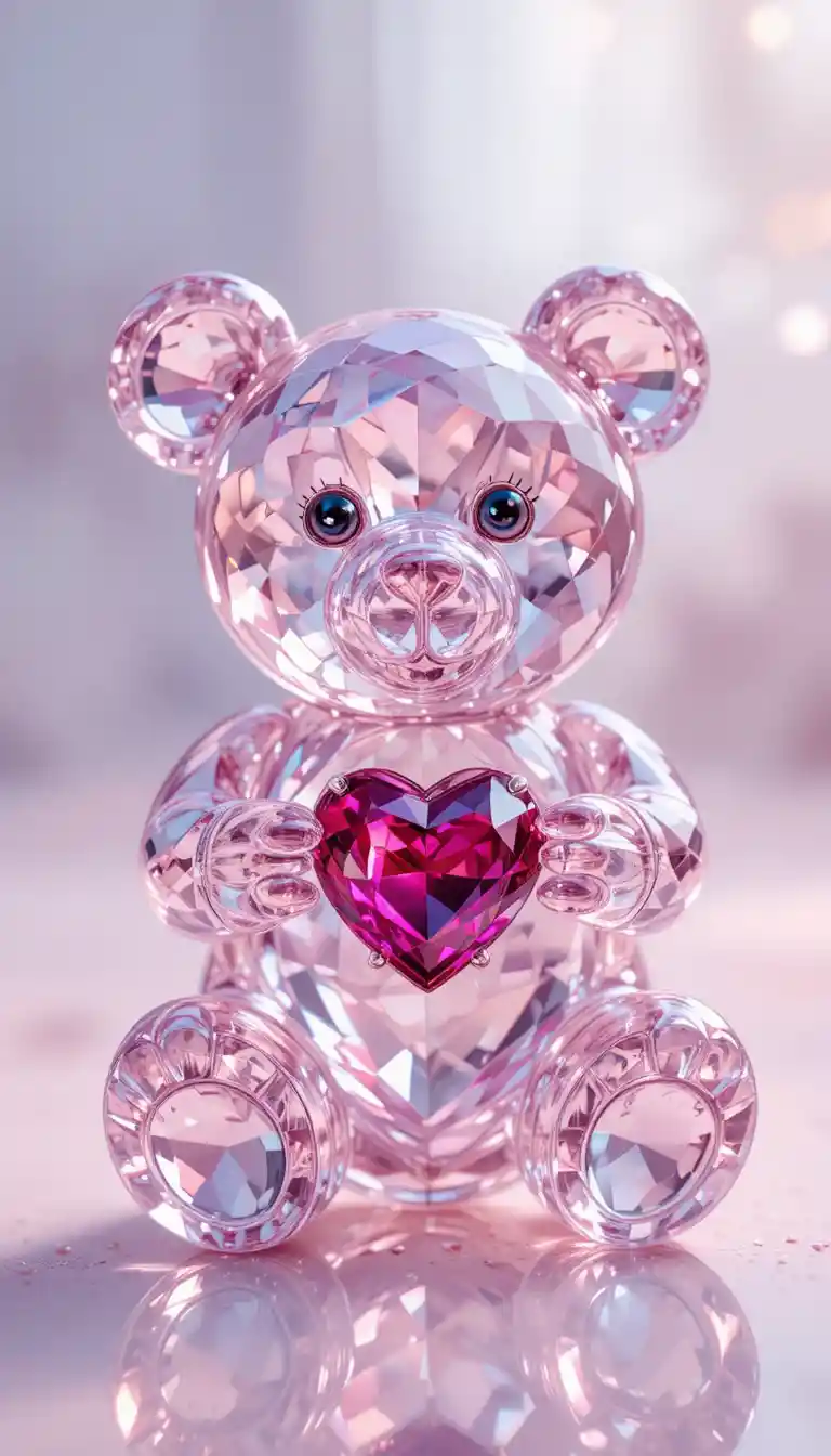 Ourson en cristal avec gemmes roses et cœur en rubis