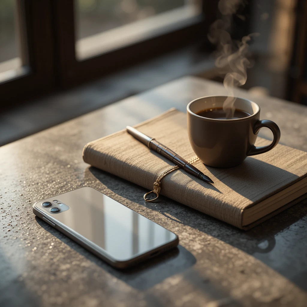 Flat lay minimaliste avec smartphone, carnet, stylo et café