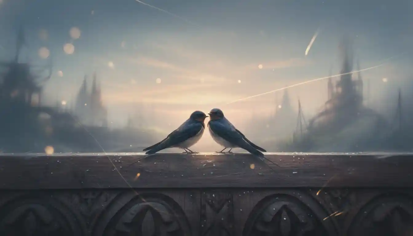 Two swallows resting on a misty dawn windowsill